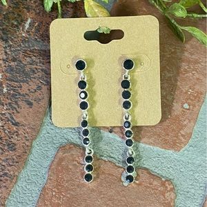 Fashion Black Rhinestone & Silver Toned Skinny Dangle Earrings Post Backs